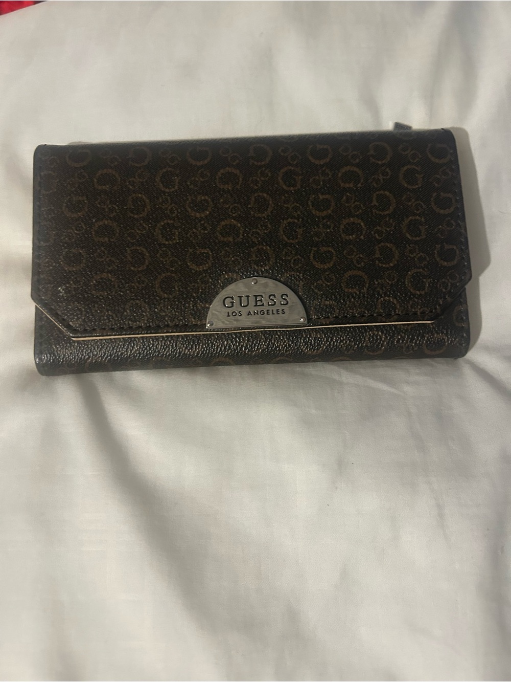 GUESS Brown Logo-Print Continental Wallet with Metal Plate